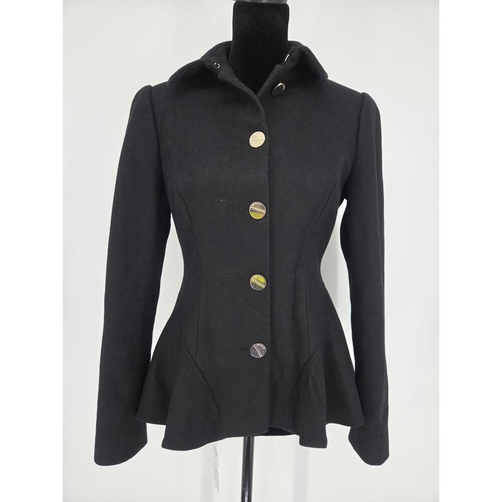Ted Baker Black Peplum Coat Jacket Small Fit &Flare Wool Cashmere